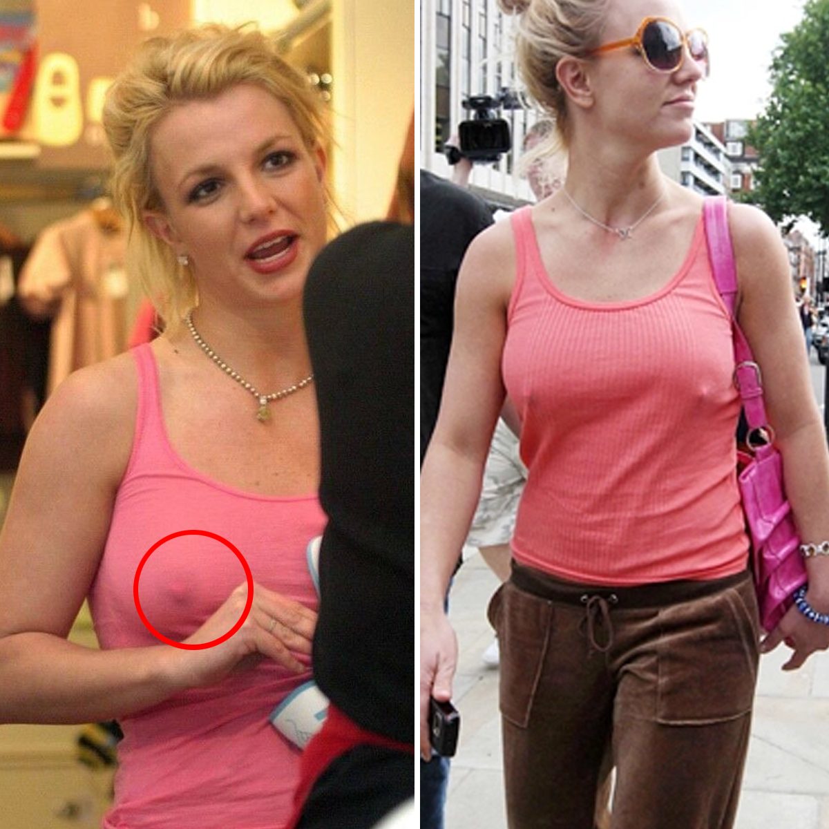 Britney Spears Steps Out in Pink Tank Top, Forgets to Wear Bra